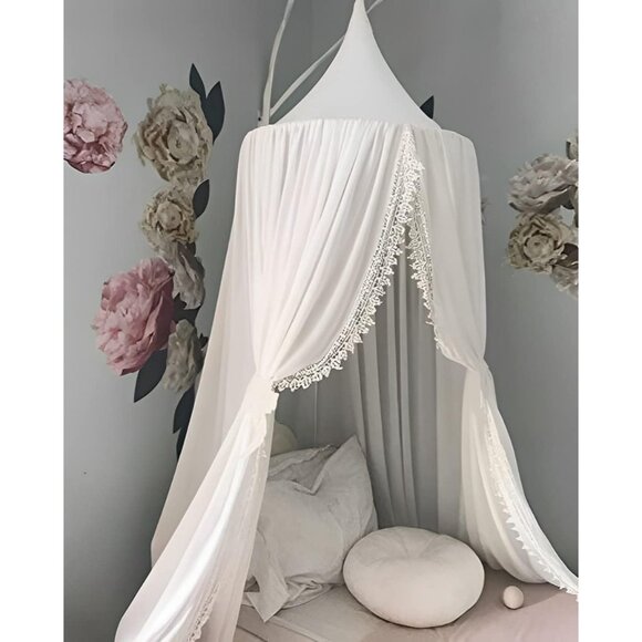 Kids Bed Canopy with Pom Pom Hanging Mosquito Net for Baby Crib Nook Castle Game
